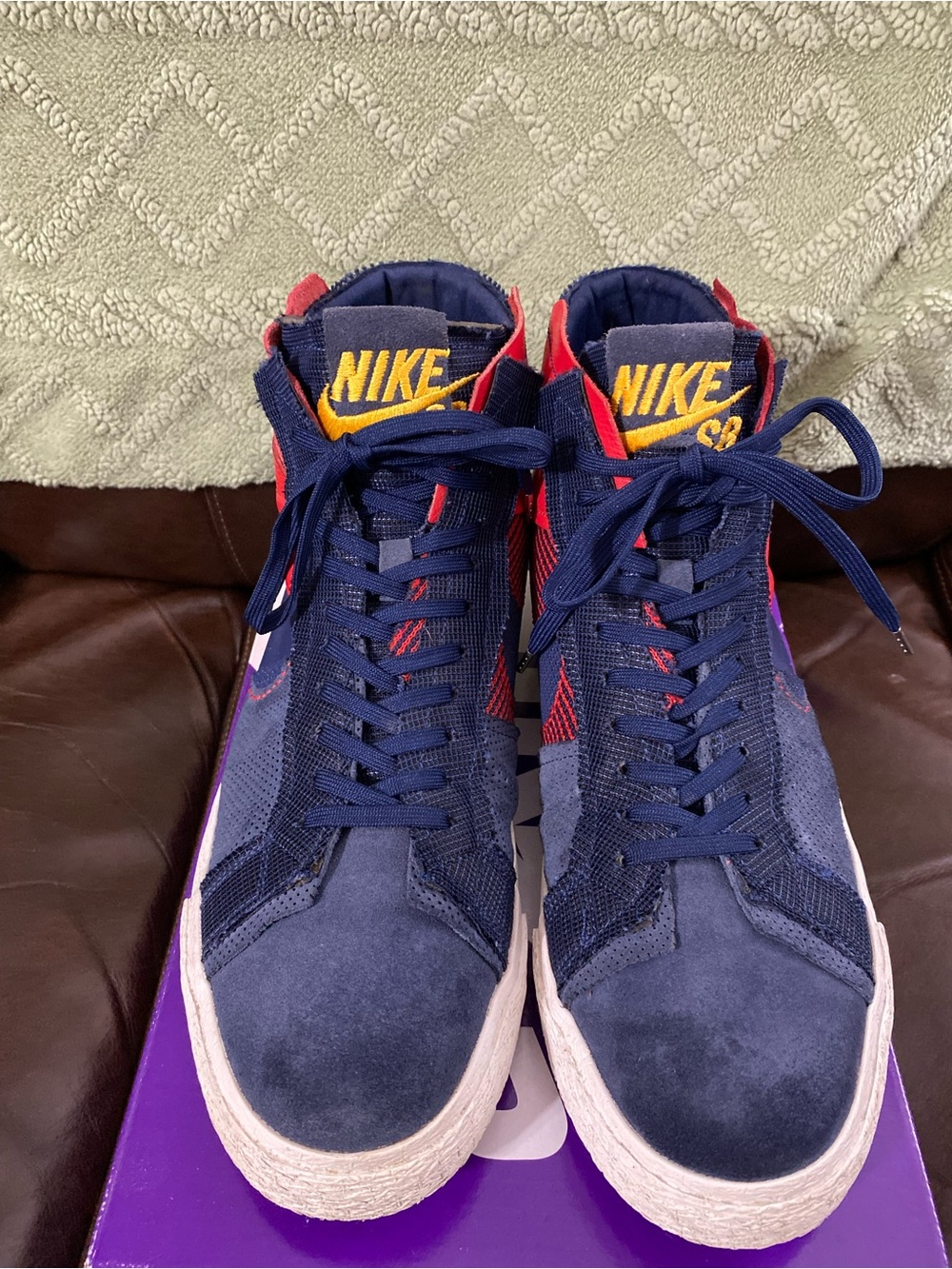 Nike Men’s Navy and Red High-Top Sneakers with Gold Logo